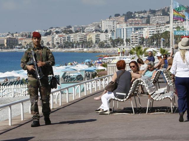 A soldier secures the Promenade des Anglais in Nice, southern France on July 18, 2016, following the Bastille Day attack in Nice. A day later, a man in UK, whose surname is Islam, was asked to remove his personalised hoodie as it was making people around him ‘uncomfortable’.(AP File Photo)