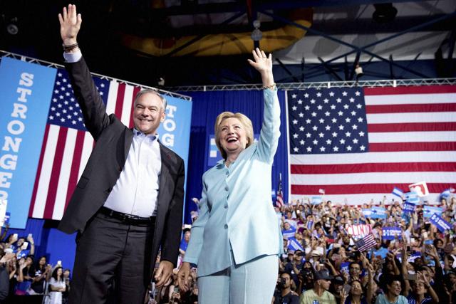 Democratic presidential candidate Hillary Clinton and Sen. Tim Kaine, D-Va., arrive at a rally at Florida International University Panther Arena in Miami. (AP Photo) Democratic presidential candidate Hillary Clinton and Sen. Tim Kaine, D-Va., arrive at a rally at Florida International University Panther Arena in Miami. (AP Photo)