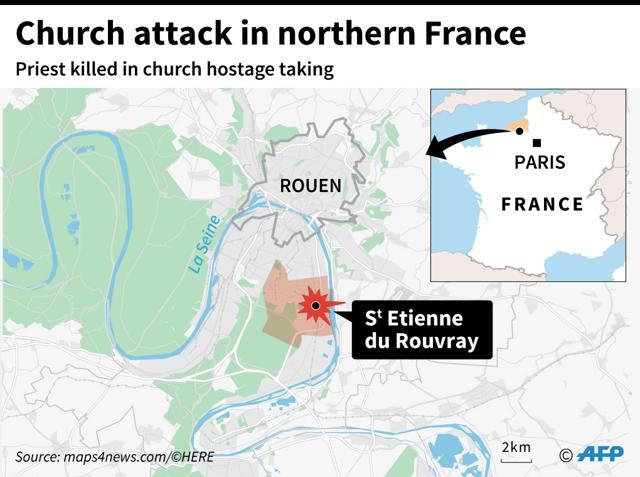 Map of the Rouen area in northern France locating a hostage taking in which a priest was killed - AFP / AFP / SOPHIE RAMIS (AFP)