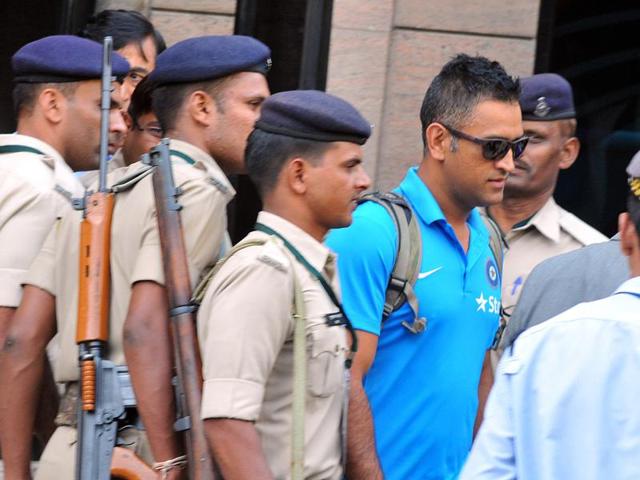 Cricketer MS Dhoni departs for a team match in Rajkot, Gujarat in this file photo. He has Y category security from the Jharkhand government. (Shankar Mourya/HT PHOTO) Cricketer MS Dhoni departs for a team match in Rajkot, Gujarat in this file photo. He has Y category security from the Jharkhand government. (Shankar Mourya/HT PHOTO)