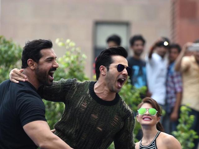 Varun Dhawan, John Abraham and Jacqueline Fernandez pose during a promotional event of Dishoom. (AFP)