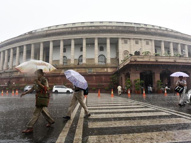 A view of the Parliament House as Delhi received heavy rain during the ongoing monsoon session. (Sonu Mehta/HT Photo)
