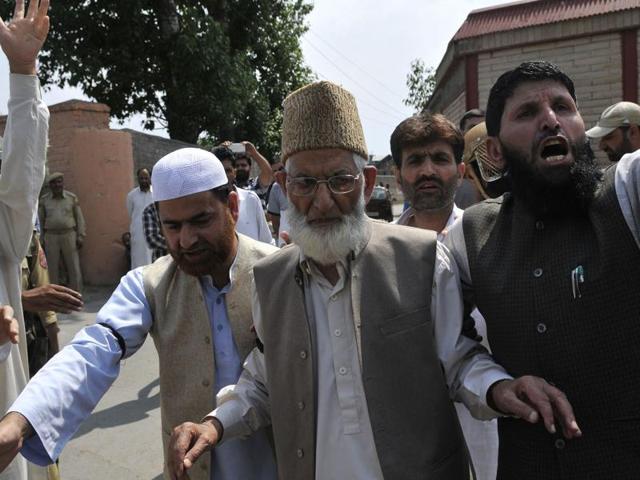 File photo of Kashmiri separatist leader Syed Ali Shah Geelani (Centre). Geelani says that Hizb commander Burhan Wani spoke to him on phone days before he was shot dead. (Waseem Andrabi / HT Photo) File photo of Kashmiri separatist leader Syed Ali Shah Geelani (Centre). Geelani says that Hizb commander Burhan Wani spoke to him on phone days before he was shot dead. (Waseem Andrabi / HT Photo)
