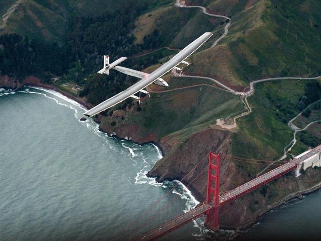 In this April 23, 2016 file photo, Solar Impulse 2 flies over the Golden Gate Bridge in San Francisco at the end of its journey from Hawaii, part of its attempt to circumnavigate the globe.  (AP file photo) 
