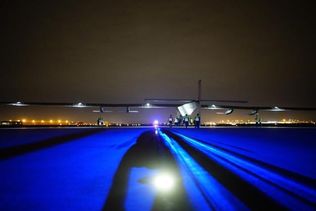 Solar Impulse 2 preparing to take off from Tulsa International Airport on May 21, 2016 in Tulsa, Okla. The plane was powered by around 17,000 solar cells embedded in its wings. (AP) 