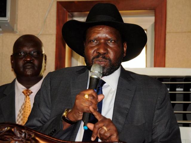 South Sudan President Salva Kiir (centre) poses for a photograph with first vice president Taban Deng Gai (left) and second vice president James Wani Igga (right) at the Presidential Palace in Juba on Tuesday. (Reuters) South Sudan President Salva Kiir (centre) poses for a photograph with first vice president Taban Deng Gai (left) and second vice president James Wani Igga (right) at the Presidential Palace in Juba on Tuesday. (Reuters)