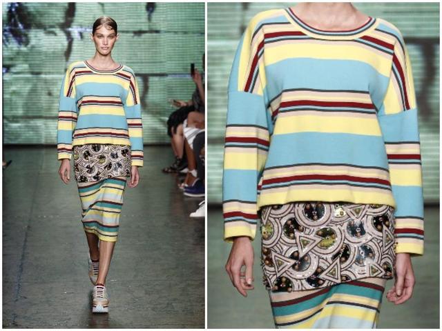 Bold colors, fruity prints and stripes made for a fun vibe at the Spring/Summer 2015 show, capped off with platform sneakers. (AFP) 