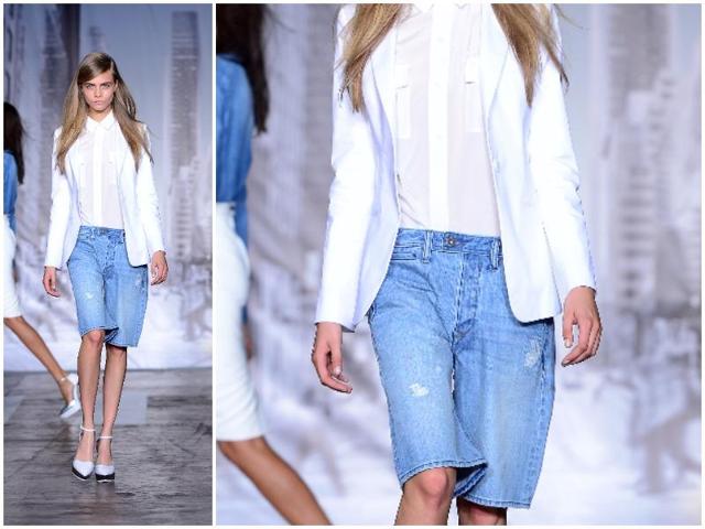 Popular model and actress Cara Delevingne rocks a denim shorts and blazer combo at the Spring/Summer 2013 show in New York. (AFP) 