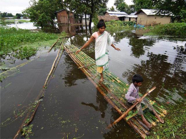 Villagers prepare to cross floodwaters on a banana raft in a village in Kaziranga national park. (PTI Photo)