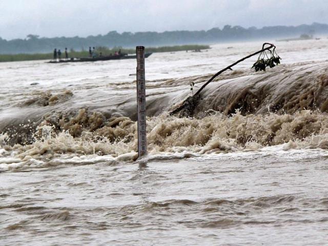 A view of a flood water near Manas National Park in Baksa district of Assam on Monday. (PTI Photo)