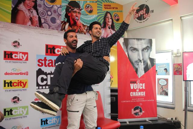 John Abraham and Varun Dhawan did not shy of flaunting their bromance when they visited the Delhi office of Hindustan Times on Tuesday. Check out the pics. (PHOTO: SHIVAM SAXENA/HINDUSTAN TIMES)