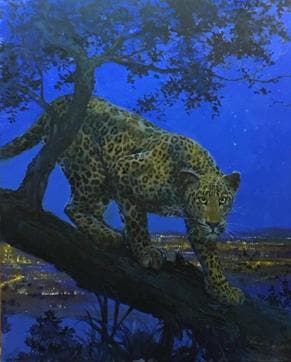 ‘The Wild Mumbai’ depicts the large leopard population that has made SGNP their home. The painting was conceptualised after a camera-trap fitted with a motion sensor photographed a leopard atop a hill with the Mumbai skyline in the background. (Vasudeo Kamath)