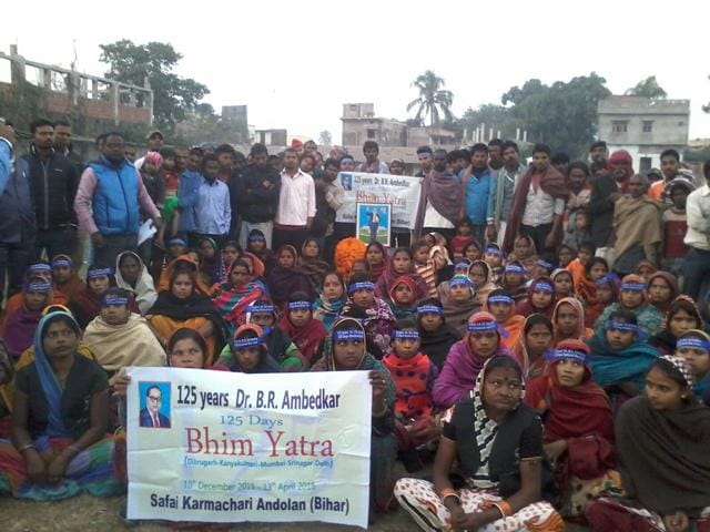 Safai Karmacharis and volunteers seen during the 125-day Bhim Yatra. (Safai Karmachari Andolan) Safai Karmacharis and volunteers seen during the 125-day Bhim Yatra. (Safai Karmachari Andolan)