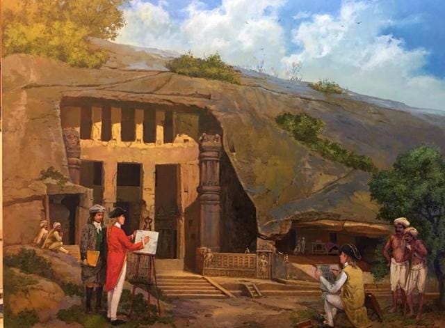 ‘The Visit to Kanheri’ commemorates the visit of British painters Thomas Daniell and William Daniell to the Kanheri caves in 1793. (Vasudeo Kamath)