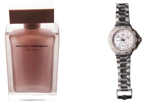 (From left) A perfume by Narciso Rodriguez, and a watch from Tag Heuer (Photo: Aalok Soni/HT) (From left) A perfume by Narciso Rodriguez, and a watch from Tag Heuer (Photo: Aalok Soni/HT)
