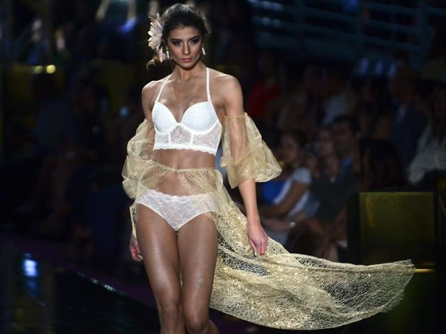 A model presents a creation by Leonisa during Colombia Moda