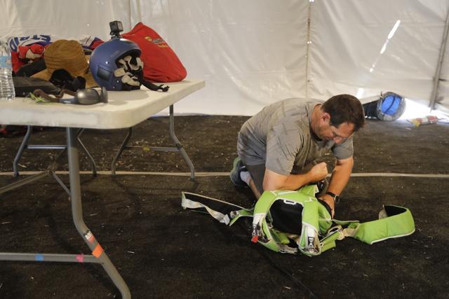 Skydiver Luke Aikins prepares his parachute during his training in Simi Valley, Calif. (AP) Skydiver Luke Aikins prepares his parachute during his training in Simi Valley, Calif. (AP)