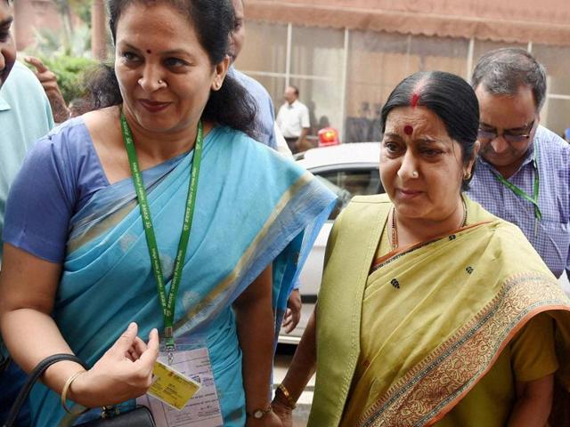 Foreign minister Sushma Swaraj arrives in Parliament during the monsoon session. (PTI file) Foreign minister Sushma Swaraj arrives in Parliament during the monsoon session. (PTI file)