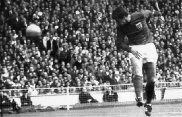 English forward Geoff Hurst scores on a header to tie the score at 1 against West Germany during the World Cup final on July 30, 1966 at Wembley stadium in London. (AFP) English forward Geoff Hurst scores on a header to tie the score at 1 against West Germany during the World Cup final on July 30, 1966 at Wembley stadium in London. (AFP)