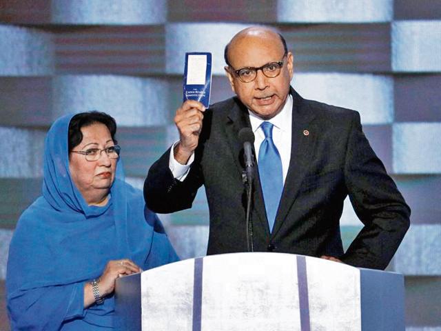 Khizr Khan, whose son Humayun (left) was killed serving with the US Army in Iraq, challenges Republican presidential nominee Donald Trump to read his copy of the US Constitution, at the Democratic National Convention in Philadelphia. (Reuters) Khizr Khan, whose son Humayun (left) was killed serving with the US Army in Iraq, challenges Republican presidential nominee Donald Trump to read his copy of the US Constitution, at the Democratic National Convention in Philadelphia. (Reuters)