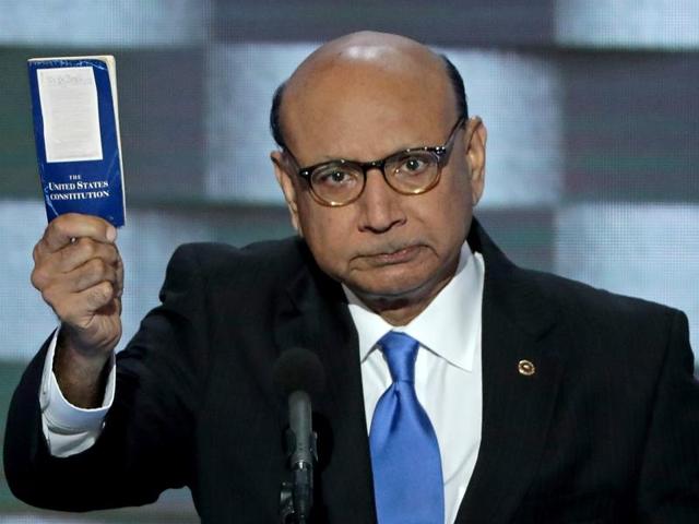 Khizr Khan, whose son Humayun Khan was one of 14 US Muslims who died serving the United States in the ten years after 9/11, speaks during the final day of the 2016 Democratic National Convention on Thursday, at the Wells Fargo Center in Philadelphia, Pennsylvania. (AFP) Khizr Khan, whose son Humayun Khan was one of 14 US Muslims who died serving the United States in the ten years after 9/11, speaks during the final day of the 2016 Democratic National Convention on Thursday, at the Wells Fargo Center in Philadelphia, Pennsylvania. (AFP)