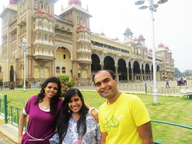 Sweta Mantrii (centre) pictured here with her cousin and cousin’s husband outside Mysore Palace. Mantrii has spina bifida and walks with crutches and a caliper. She wrote a monologue last year on love, fidelity and disability, which was performed in Mumbai. Sweta Mantrii (centre) pictured here with her cousin and cousin’s husband outside Mysore Palace. Mantrii has spina bifida and walks with crutches and a caliper. She wrote a monologue last year on love, fidelity and disability, which was performed in Mumbai.