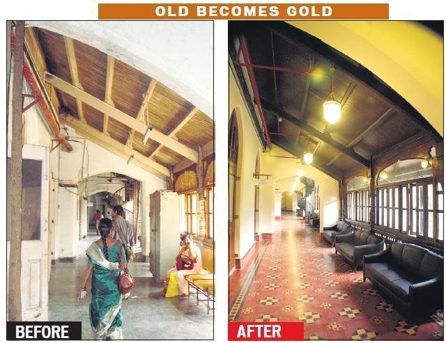 The restoration process saved any material that was of historic importance including the Burma teak rafters and the windows; the rickety old benches in the corridors and verandahs have been replaced by sleek two-toned chairs and plush couches. The restoration process saved any material that was of historic importance including the Burma teak rafters and the windows; the rickety old benches in the corridors and verandahs have been replaced by sleek two-toned chairs and plush couches.