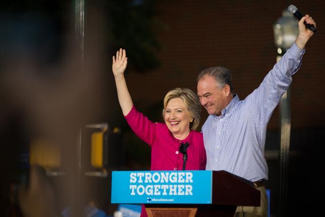 Democratic presidential candidate Hillary Clinton and vice presidential candidate Tim Kaine wave during a rally at Broad Street Market in Harrisburg. (AP) Democratic presidential candidate Hillary Clinton and vice presidential candidate Tim Kaine wave during a rally at Broad Street Market in Harrisburg. (AP)