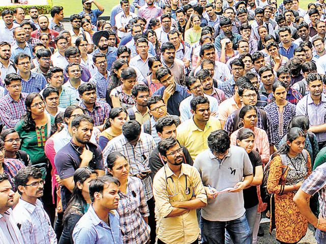 Resident doctors protesting outside the Kairon Block at the PGI in Chandigarh on Friday. (Anil Dayal/HT Photo) Resident doctors protesting outside the Kairon Block at the PGI in Chandigarh on Friday. (Anil Dayal/HT Photo)