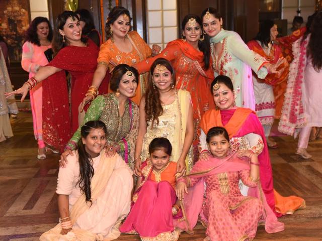 Celebrating Teej at a get-together in Sector 43, Chandigarh, on Saturday. (Sanjeev Sharma/HT Photo)