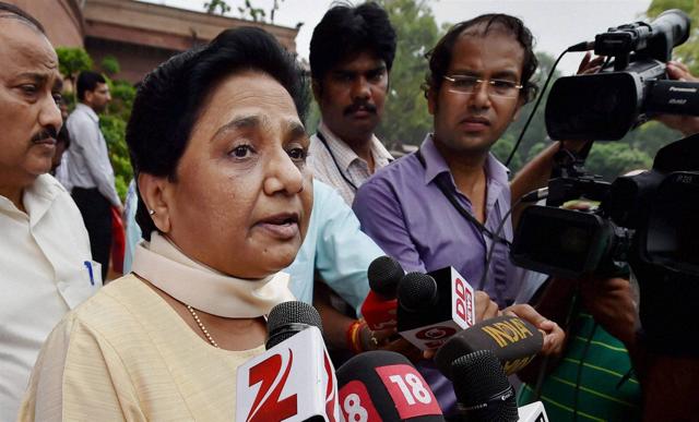 BSP chief Mayawati speaks to the media outside Parliament during the monsoon session. Dalit intellectuals are not convinced that the four-time chief minister is their best bet in UP elections.(PTI)