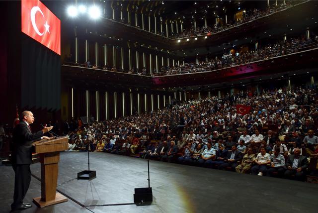 Turkey President Recep Tayyip Erdogan speaks during an event in Ankara late Friday to honour those killed and wounded during the failed July 15 military coup. (AP) Turkey President Recep Tayyip Erdogan speaks during an event in Ankara late Friday to honour those killed and wounded during the failed July 15 military coup. (AP)