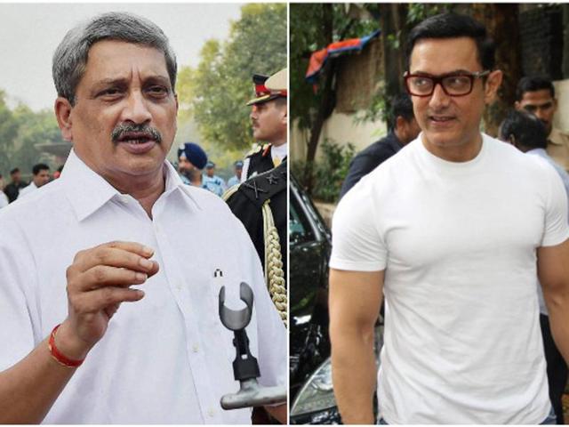 A combination photo of defence minister Manohar Parrikar and Bollywood star Aamir Khan.(Agencies) A combination photo of defence minister Manohar Parrikar and Bollywood star Aamir Khan.(Agencies)