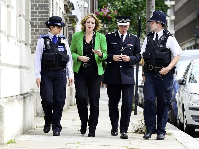 British home secretary Amber Rudd speaks with Metropolitan Police Commissioner Bernard Hogan-Howe (right). (AFP) British home secretary Amber Rudd speaks with Metropolitan Police Commissioner Bernard Hogan-Howe (right). (AFP)