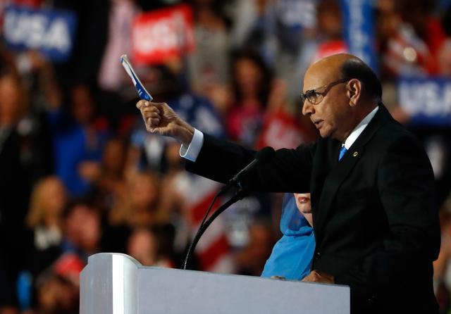 Khizr Khan, father of a deceased Muslim US Soldier, delivers remarks on the fourth day of the Democratic National Convention at the Wells Fargo Center, on July 28 in Philadelphia, Pennsylvania. (AFP) Khizr Khan, father of a deceased Muslim US Soldier, delivers remarks on the fourth day of the Democratic National Convention at the Wells Fargo Center, on July 28 in Philadelphia, Pennsylvania. (AFP)