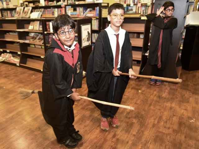 Harry Potter fans dress up like the characters in the book at the launch at Trilogy Library, Lower Parel in Mumbai. (Vidya Subramanian/HT Photo)