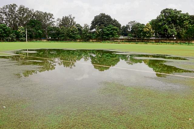 The turf, which was installed at cost of Rs 3 crore, is now water-logged and resembles a pond. (Parwaz Khan / Hindustan Times) The turf, which was installed at cost of Rs 3 crore, is now water-logged and resembles a pond. (Parwaz Khan / Hindustan Times)