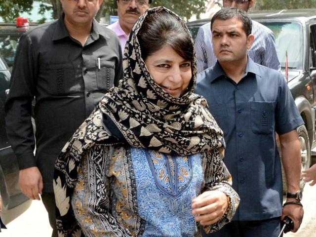 Jammu and Kashmir chief minister Mehbooba Mufti arrives to attend the 17th foundation day celebrations of her Peoples Democratic Party at the headquarters in Srinagar. (PTI File Photo) Jammu and Kashmir chief minister Mehbooba Mufti arrives to attend the 17th foundation day celebrations of her Peoples Democratic Party at the headquarters in Srinagar. (PTI File Photo)