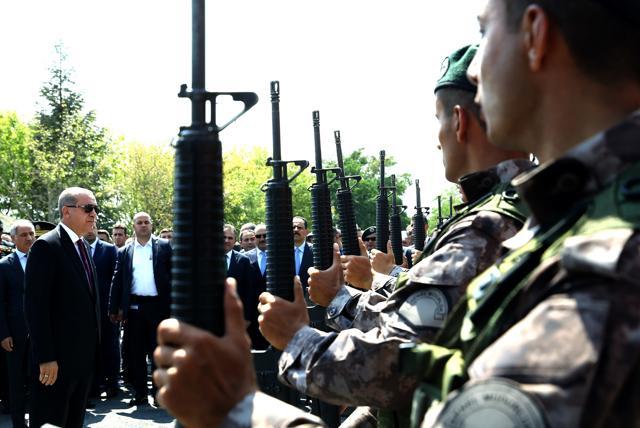 Erdogan met with Hulusi Akar, the four-star general who retained his position as chief of staff following a Supreme Military Council meeting, as well as other top military brass of the Turkish armed forces. (AP)
