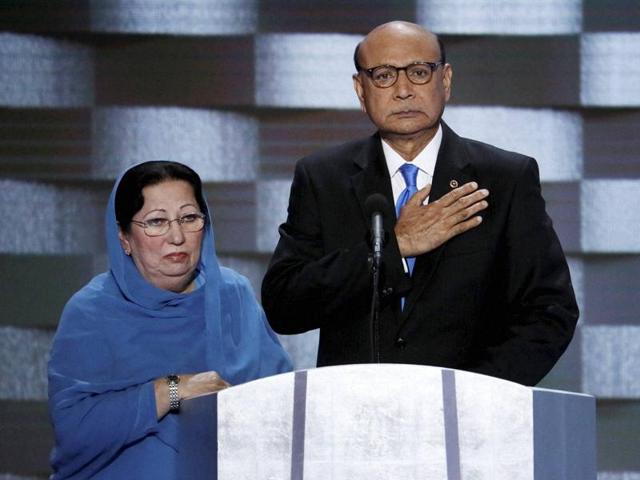 Khizr Khan, father of Humayun S. M. Khan who was killed while serving in Iraq with the US Army, gestures as his wife looks on during the fourth and final day of the Democratic National Convention at the Wells Fargo Centerin Philadelphia, Pennsylvania. (AFP File) Khizr Khan, father of Humayun S. M. Khan who was killed while serving in Iraq with the US Army, gestures as his wife looks on during the fourth and final day of the Democratic National Convention at the Wells Fargo Centerin Philadelphia, Pennsylvania. (AFP File)