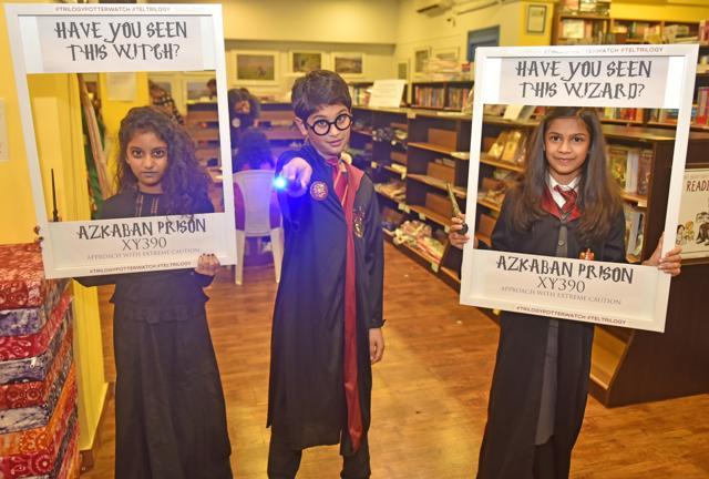 Harry Potter fans dress up like the characters in the book at the launch at Trilogy Library, Lower Parel, in Mumbai, on Sunday. (Vidya Subramanian/HT photo)