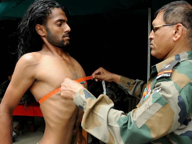 A candidate has his chest measured at an army recruitment rally in the Patiala cantonment area on Monday, August 1, 2016. (Bharat Bhushan/HT Photo) A candidate has his chest measured at an army recruitment rally in the Patiala cantonment area on Monday, August 1, 2016. (Bharat Bhushan/HT Photo)