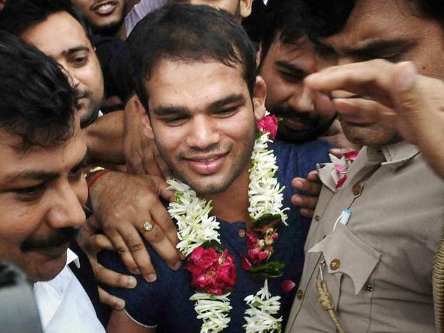 Wrestler Narsingh Yadav celebrates after NADA cleared him of doping charges.(Vipin Kumar/HT PHOTO) Wrestler Narsingh Yadav celebrates after NADA cleared him of doping charges.(Vipin Kumar/HT PHOTO)