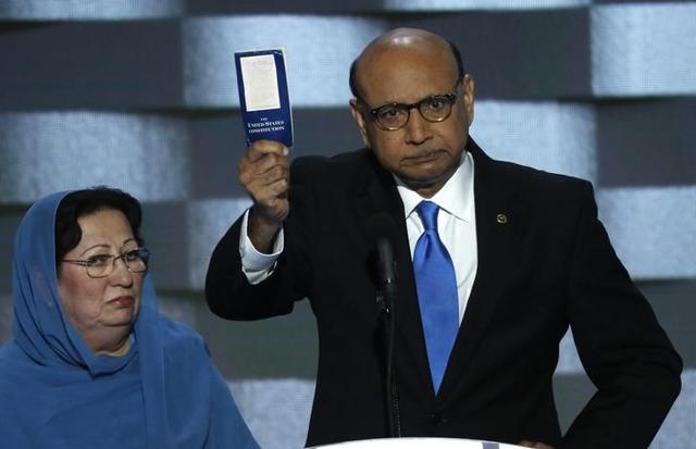 Khizr Khan, whose son Humayun S M Khan was one of 14 American Muslims who died serving in the US Army in the 10 years after the 9/11 attacks, offers to loan his copy of the Constitution to Republican US presidential nominee Donald Trump at a Democratic National Convention in Philadelphia, Pennsylvania. Khizr Khan, whose son Humayun S M Khan was one of 14 American Muslims who died serving in the US Army in the 10 years after the 9/11 attacks, offers to loan his copy of the Constitution to Republican US presidential nominee Donald Trump at a Democratic National Convention in Philadelphia, Pennsylvania.