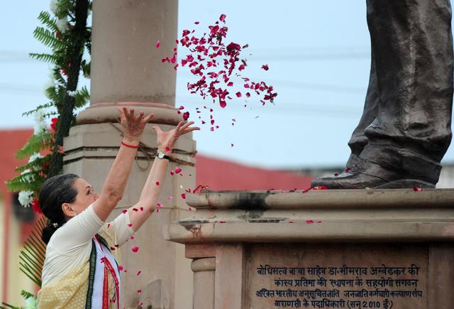 Congress president began her road show in the poll-bound state by paying tributes to Dalit icon BR Ambedkar. (AFP) Congress president began her road show in the poll-bound state by paying tributes to Dalit icon BR Ambedkar. (AFP)