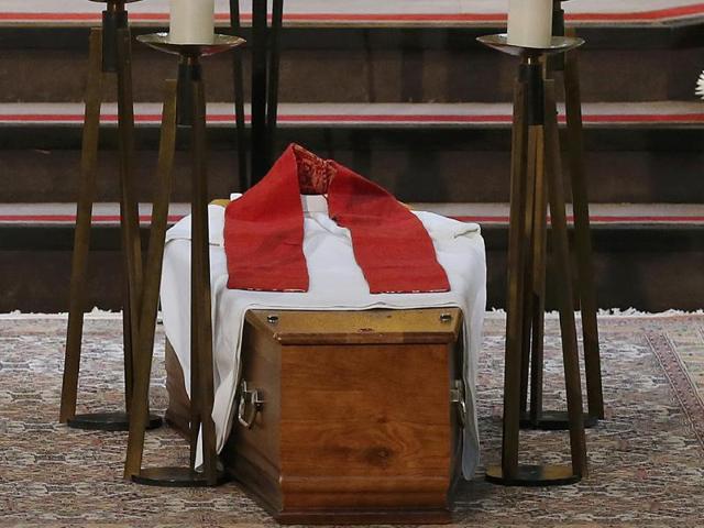 The coffin of slain French parish priest Father Jacques Hamel is seen at the Cathedral in Rouen, France.(REUTERS)