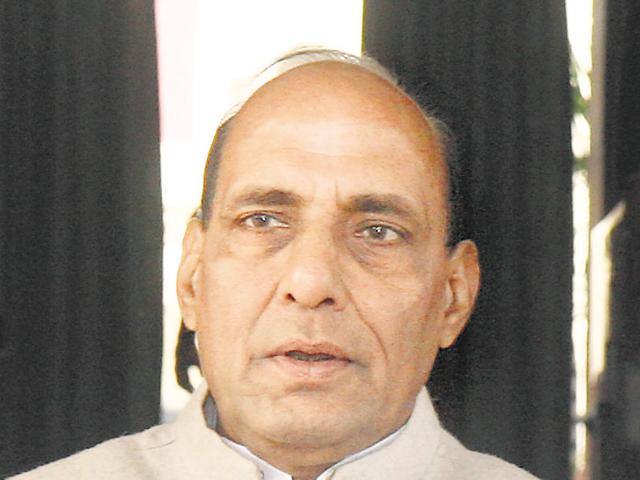 Union home minister Rajnath Singh interacts with journalists outside Parliament House in Delhi.(PTI File Photo)