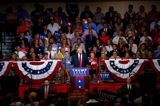Donald Trump attends a campaign event at Cumberland Valley High School in Mechanicsburg, Pennsylvania on Monday. (Reuters) Donald Trump attends a campaign event at Cumberland Valley High School in Mechanicsburg, Pennsylvania on Monday. (Reuters)