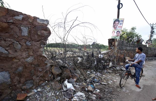 The broken boundary wall at Sanjay Van gives easy access to pigs and other animals who damage plants.(Sanchit Khanna / HT Photo)