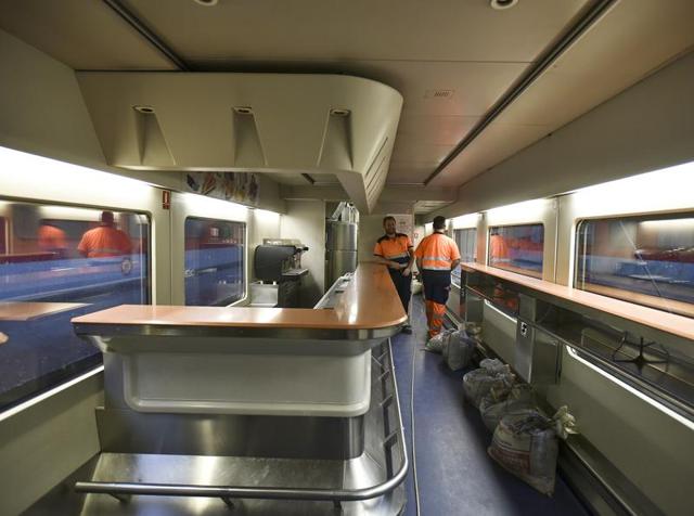 But it’s not only speed that is wowing the potential passengers. The interiors are swanky too -- an inside view of the pantry area of the new trains. (Raj K Raj/HT PHOTO) 